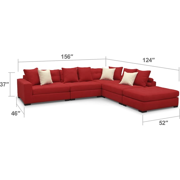 Living Room Furniture - Venti 5-Piece Sectional with Cocktail Ottoman - Red