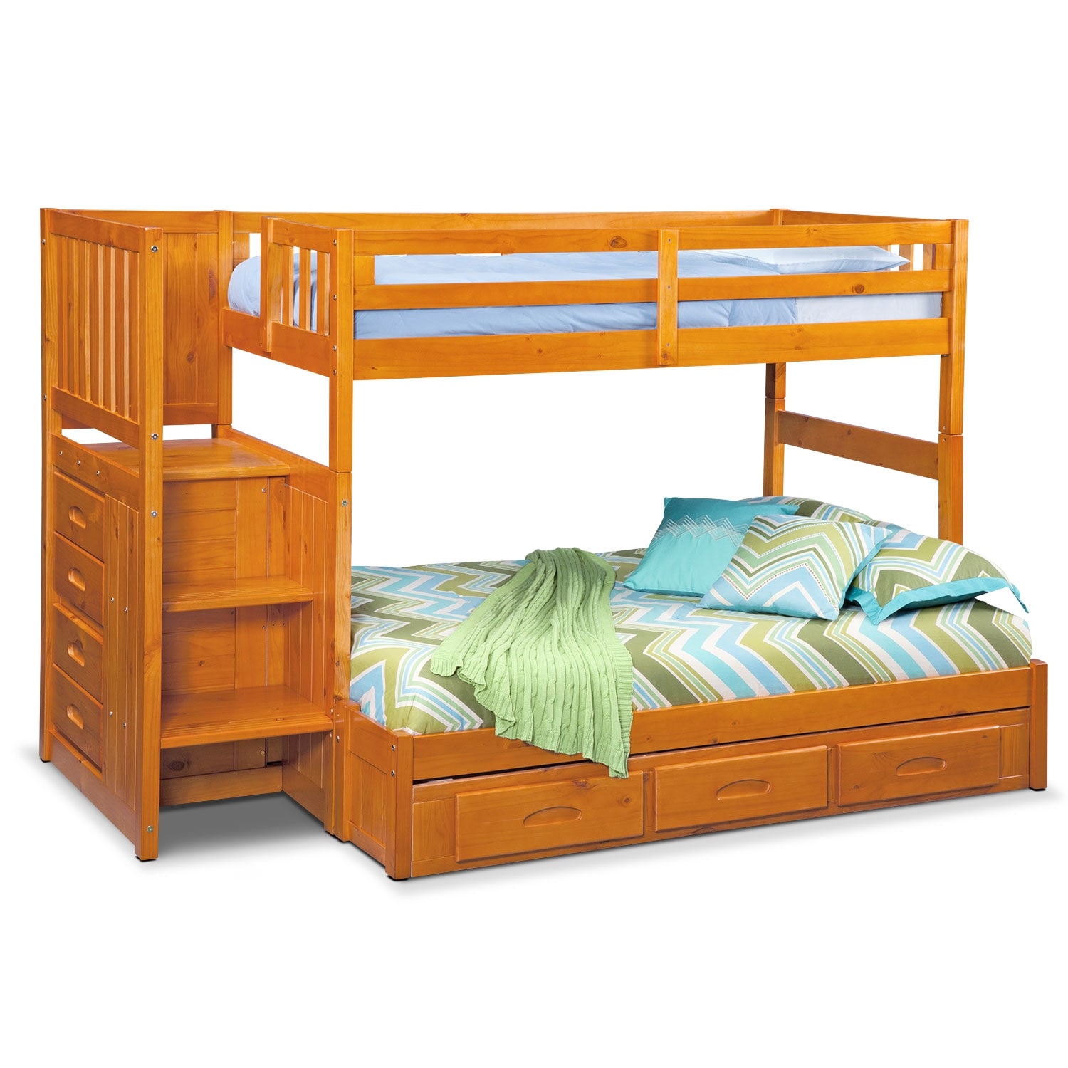 Ranger Twin over Full Bunk Bed with Storage Stairs & Underbed Drawers Pine American