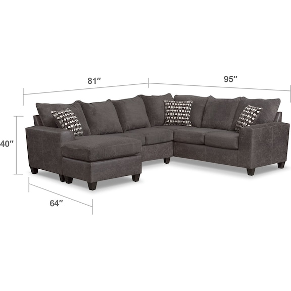 Living Room Furniture - Brando 3-Piece Sectional with Modular Chaise - Smoke