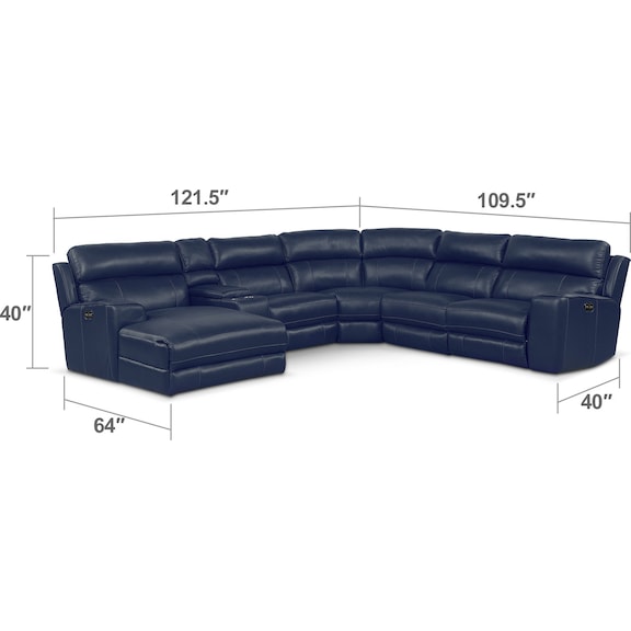 Living Room Furniture - Newport 6-Piece Power Reclining Sectional with Left-Facing Chaise and 1 Recliner - Blue