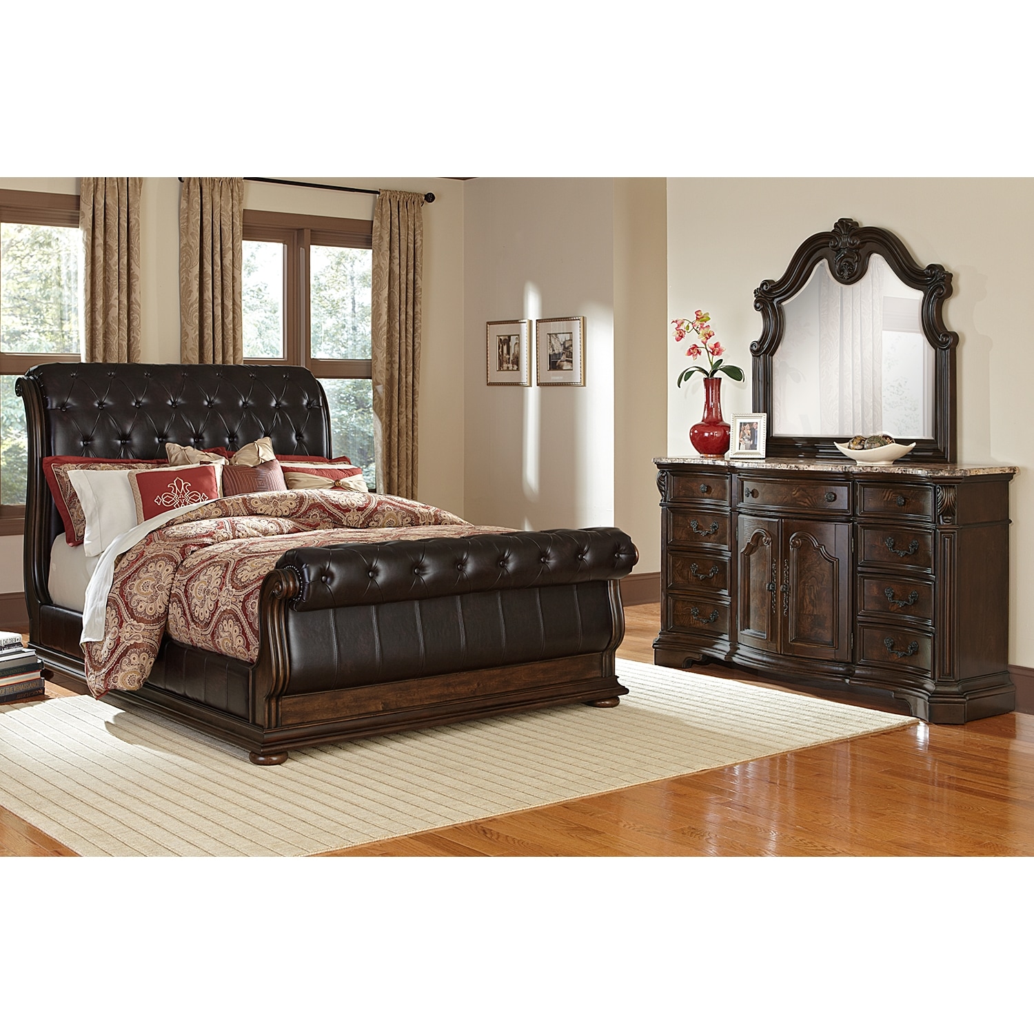 Monticello 5 Piece Upholstered Sleigh Bedroom Set With Dresser And Mirror