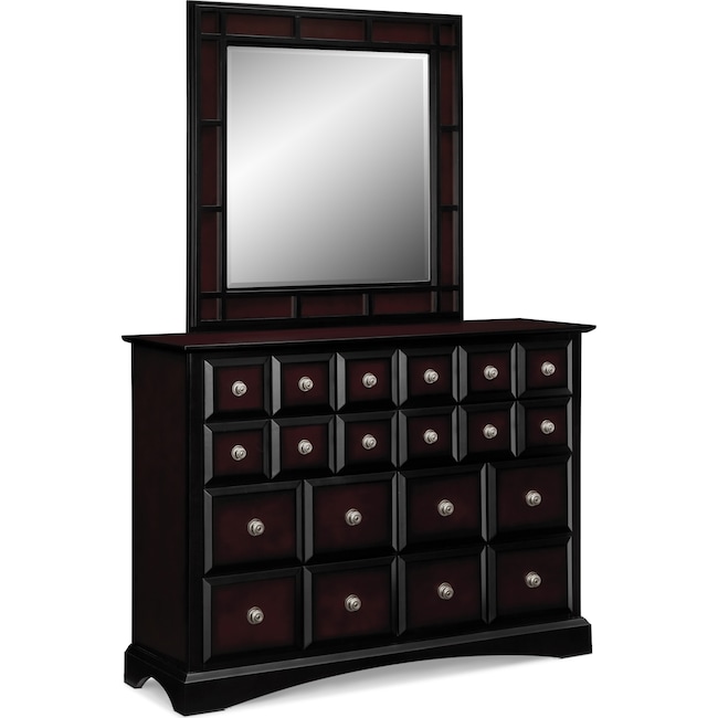 Bedroom Furniture - Winchester Dresser and Mirror - Black and Burnished Merlot