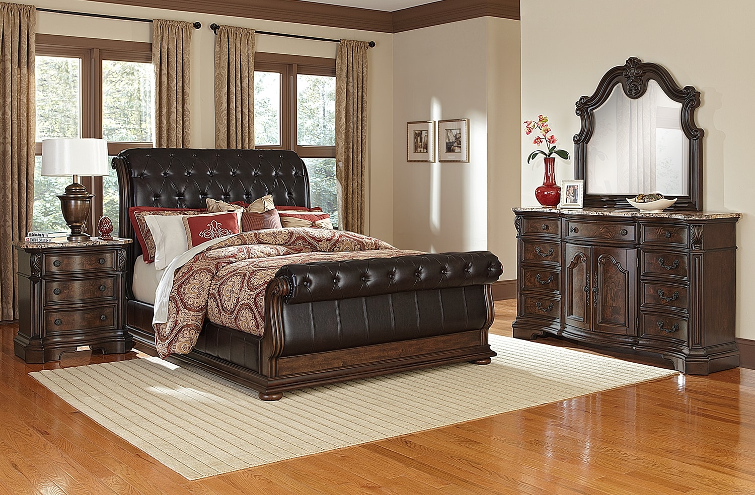 Monticello 6 Piece Upholstered Sleigh Bedroom Set With Nightstand Dresser And Mirror