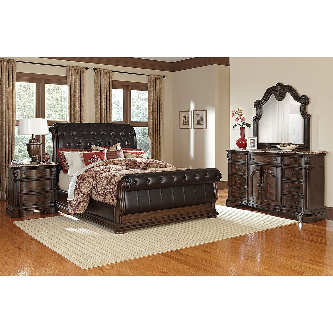 Monticello 6 Piece Upholstered Sleigh Bedroom Set With Nightstand Dresser And Mirror