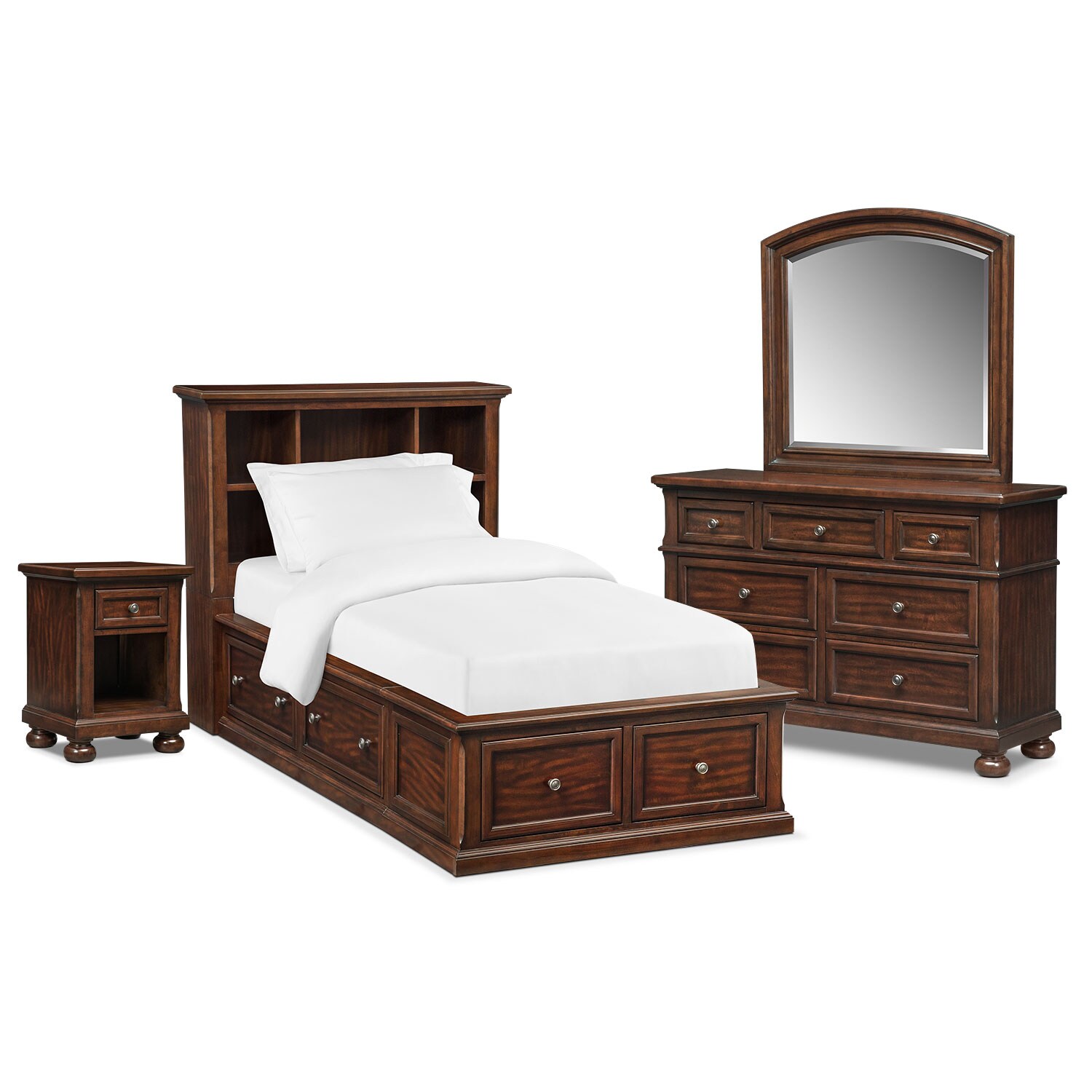 Hanover Youth 6 Piece Bookcase Storage Bedroom Set With Nightstand Dresser And Mirror