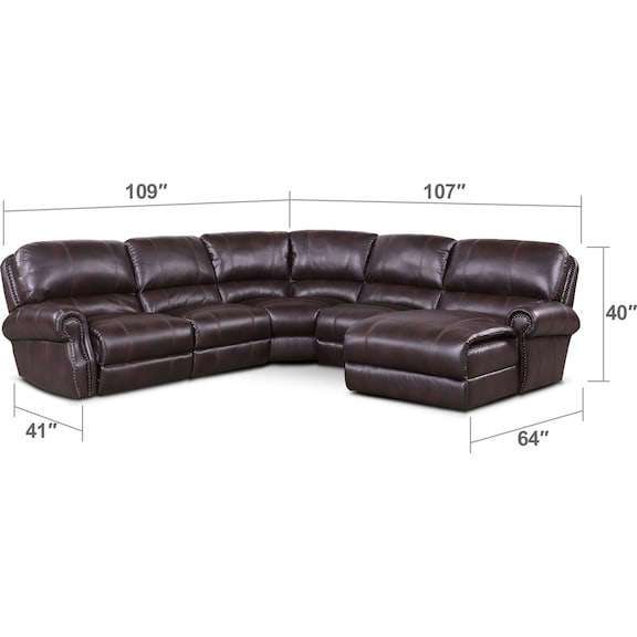 Living Room Furniture - Dartmouth 5-Piece Dual-Power Reclining Sectional with Chaise and 1 Reclining Seat