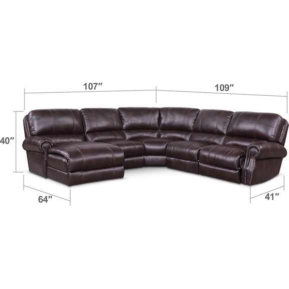 Living Room Furniture - Dartmouth 5-Piece Dual-Power Reclining Sectional with Chaise and 2 Reclining Seats