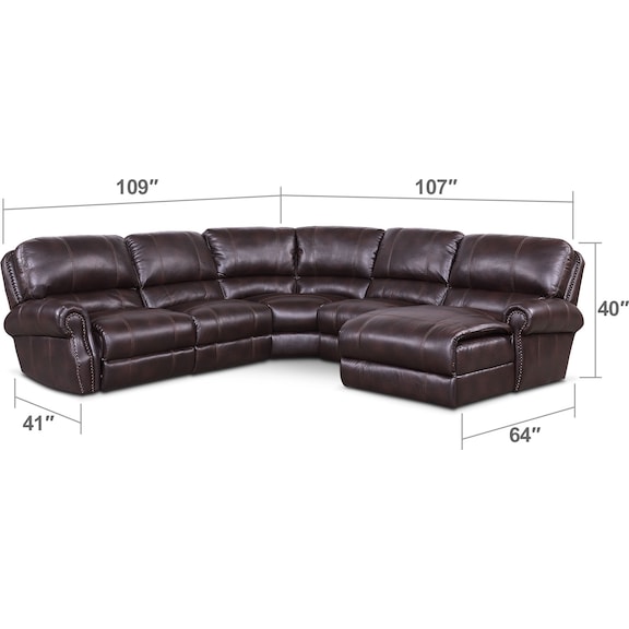 Living Room Furniture - Dartmouth 5-Piece Dual-Power Reclining Sectional with Chaise and 2 Reclining Seats