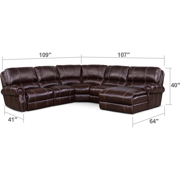 Living Room Furniture - Dartmouth 5-Piece Dual-Power Reclining Sectional with Chaise and 1 Reclining Seat