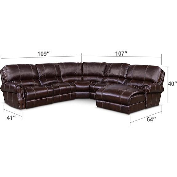 Living Room Furniture - Dartmouth 5-Piece Dual-Power Reclining Sectional with Chaise and 2 Reclining Seats
