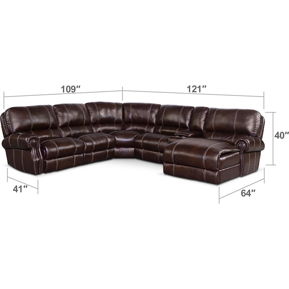 Living Room Furniture - Dartmouth 6-Piece Dual-Power Reclining Sectional with Chaise and 1 Reclining Seat