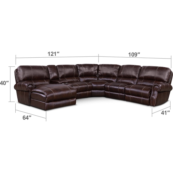Living Room Furniture - Dartmouth 6-Piece Dual-Power Reclining Sectional with Chaise and 2 Reclining Seats