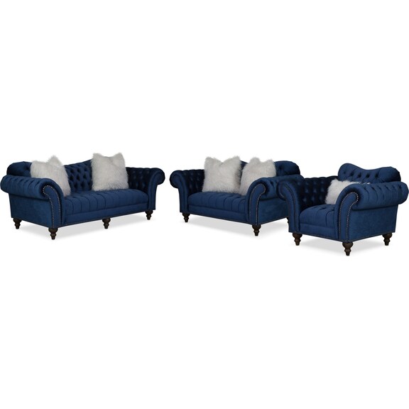 The Brittney Living Room Collection Navy American Signature 3 489 97 Brittney Sofa Loveseat And Chair Set Navy
