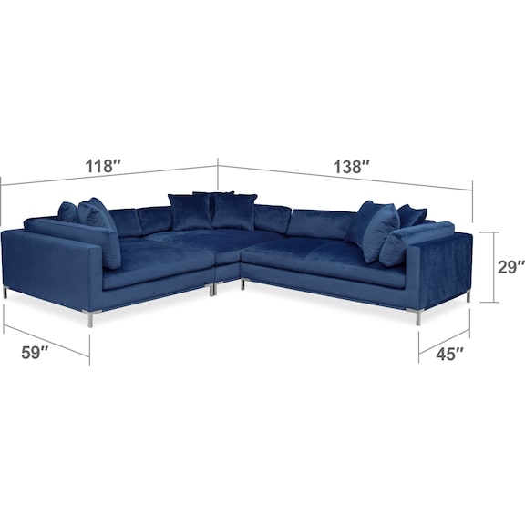 Living Room Furniture - Moda 3-Piece Sectional with Right-Facing Chaise - Blue