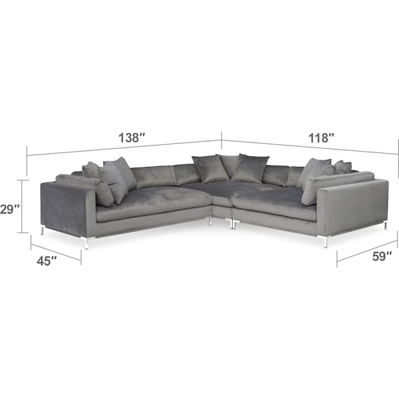 Living Room Furniture - Moda 3-Piece Sectional with Left-Facing Chaise - Gray