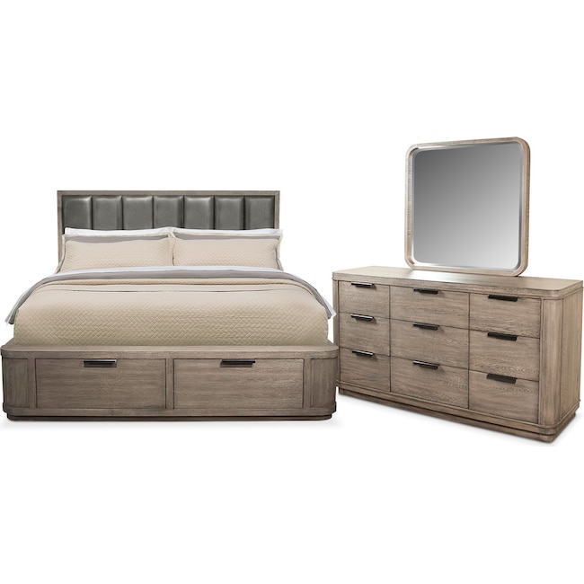 malibu 5-piece low upholstered storage bedroom set with dresser and mirror