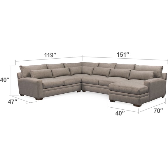 Living Room Furniture - Winston Comfort 4-Piece Sectional with Right-Facing Chaise - Gray