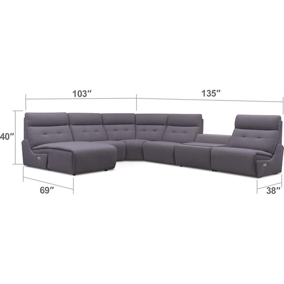 Living Room Furniture - Jett 6-Piece Dual Power Reclining Left-Facing Sectional with Chaise - Gray