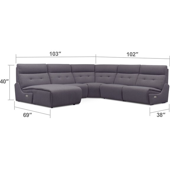 Living Room Furniture - Jett 5-Piece Dual Power Reclining Left-Facing Sectional - Gray