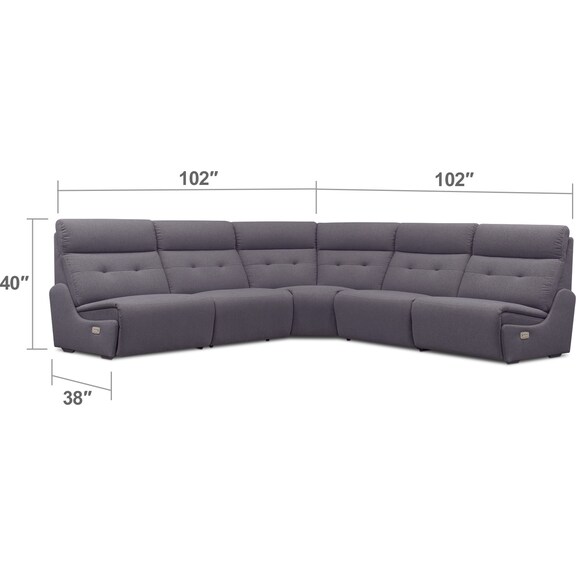 Living Room Furniture - Jett 5-Piece Dual Power Reclining Sectional with 3 Reclining Seats - Gray