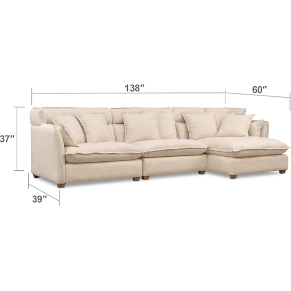 Living Room Furniture - Willow 3-Piece Sectional with Right-Facing Chaise - Beige