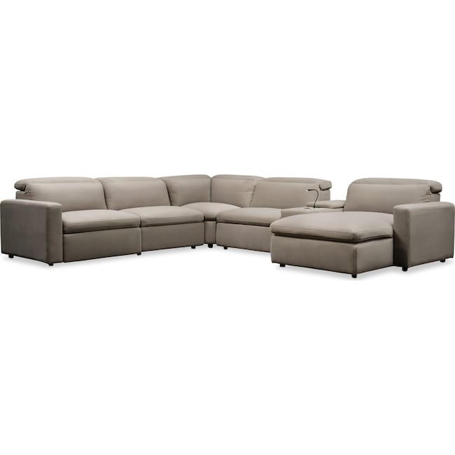 Living Room Furniture - Happy 6-Piece Dual Power Reclining Sectional with Right-Facing Chaise and 2 Reclining Seats- Shitake