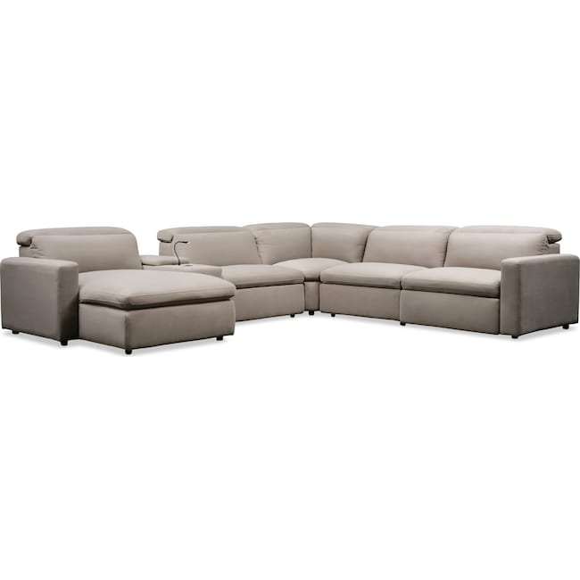 Living Room Furniture - Happy 6-Piece Dual-Power Reclining Sectional with Left-Facing Chaise and 2 Reclining Seats - Shitake