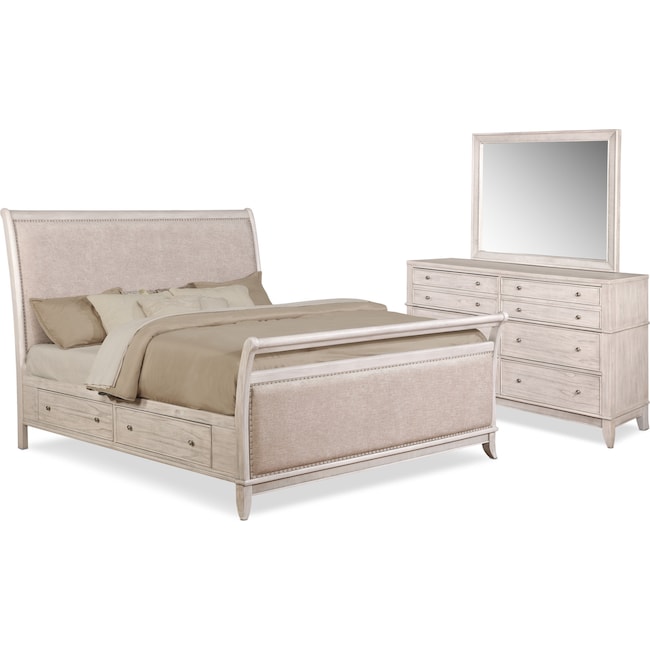 Bedroom Furniture - Hazel 5-Piece Upholstered Bedroom Set with Dresser and Mirror