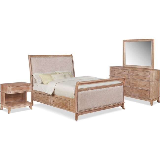 Bedroom Furniture - Hazel 6-Piece Upholstered Bedroom Set with 1-Drawer Nightstand, Dresser and Mirror