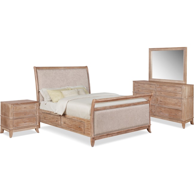 Bedroom Furniture - Hazel 6-Piece Upholstered Bedroom Set with 2-Drawer Nightstand, Dresser and Mirror