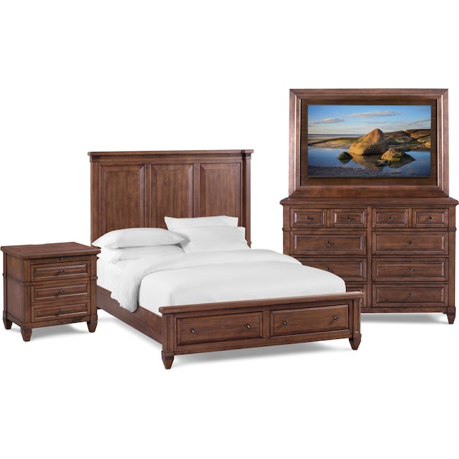Bedroom Furniture - Rosalie 6-Piece Storage Bedroom Set with Nightstand, Dresser and TV Mount