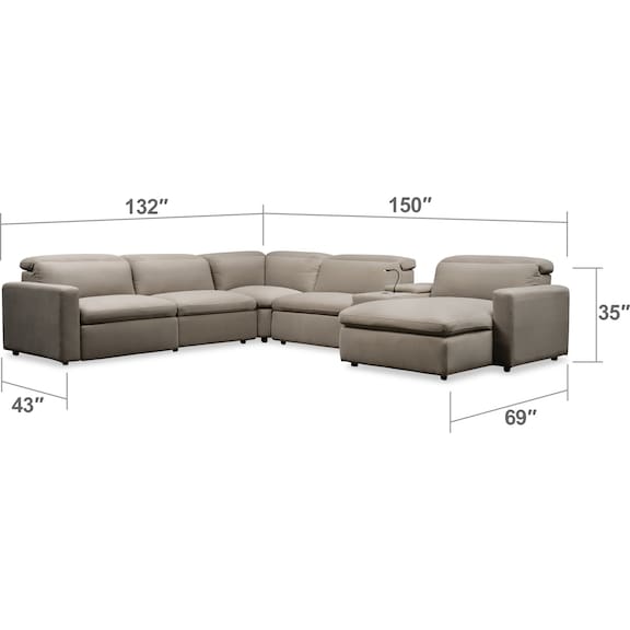 Living Room Furniture - Happy 6-Piece Dual Power Reclining Sectional with Right-Facing Chaise and 2 Reclining Seats- Shitake
