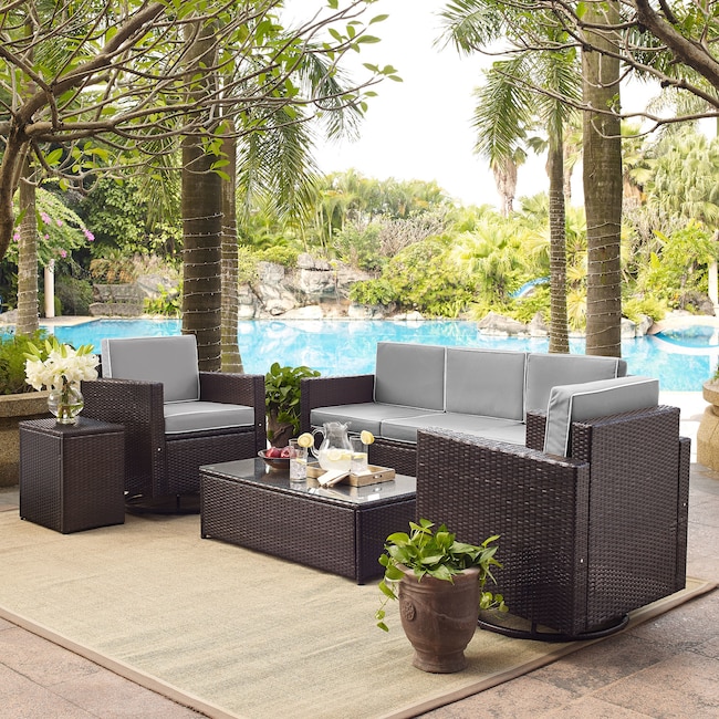Outdoor Furniture - Aldo Outdoor Sofa, 2 Swivel Chairs, Coffee Table, and End Table Set - Gray
