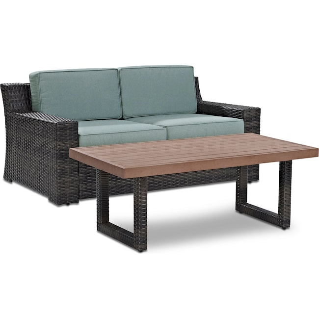 Outdoor Furniture - Tethys Outdoor Loveseat and Coffee Table Set - Mist