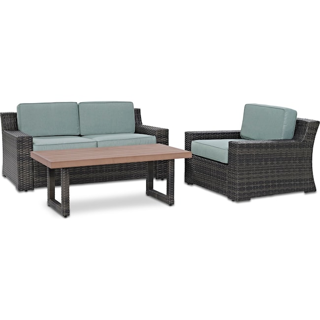 Outdoor Furniture - Tethys Outdoor Loveseat, Chair, and Coffee Table Set - Mist