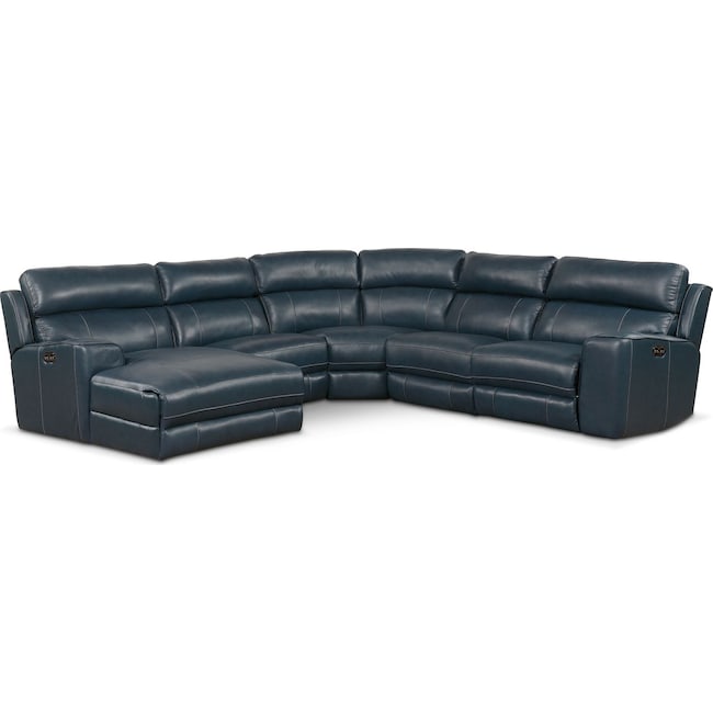 Living Room Furniture - Newport 5-Piece Power Reclining Sectional with Chaise and 1 Recliner