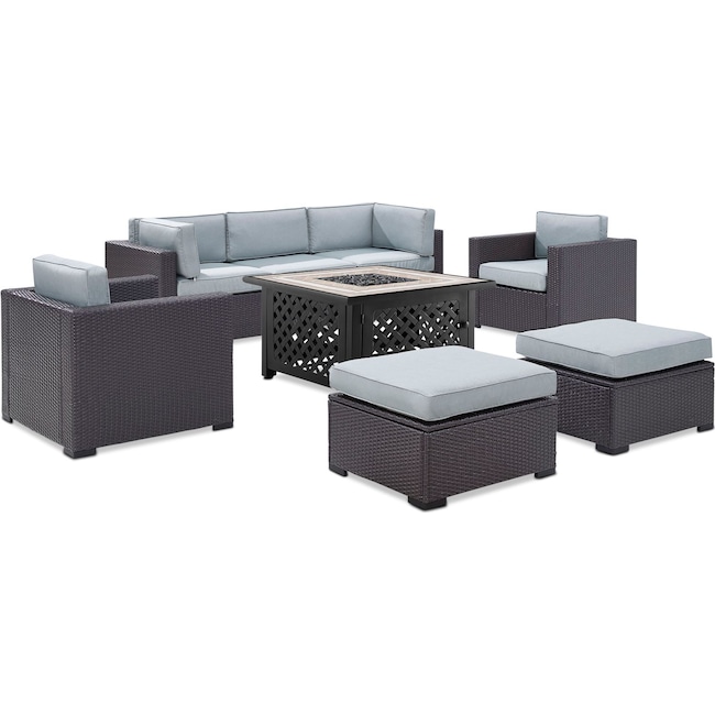 Outdoor Furniture - Isla 2-Piece Outdoor Sofa, 2 Armchairs, 2 Ottomans, and Tuscan Firetable