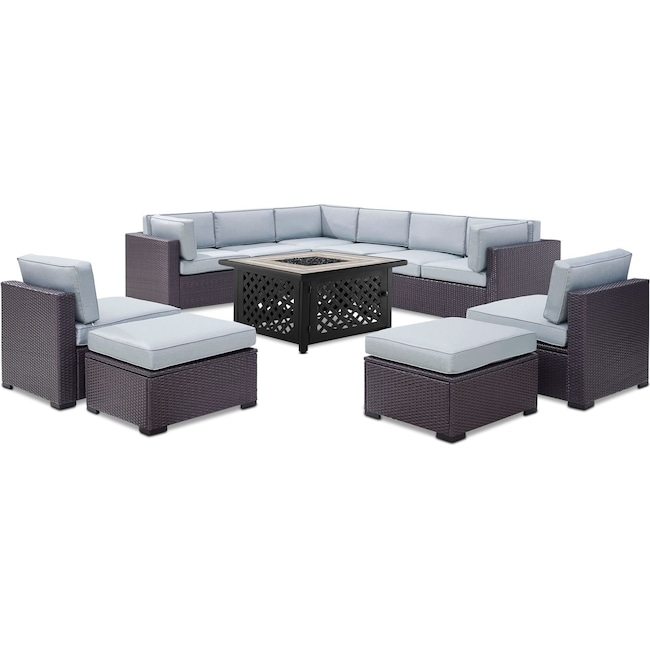 Outdoor Furniture - Isla 3-Piece Outdoor Sectional, 2 Armless Chairs, 2 Ottomans and Fire Table Set