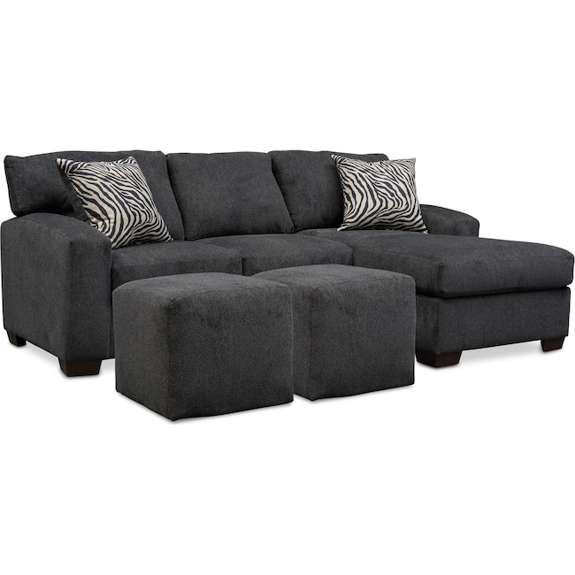 Living Room Furniture - Nala 2 Piece Sectional Chaise and 2 Solid Cube Ottomans