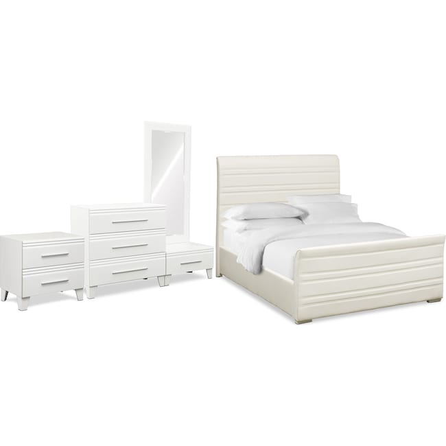 Bedroom Furniture - Allori 6-Piece Upholstered Bedroom Set with Nightstand, Chest and Dressing Mirror