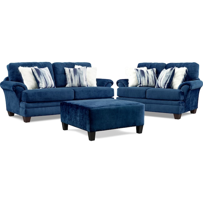 Living Room Furniture - Cordelle Sofa, Loveseat, and Ottoman with Faux Fur Pillows