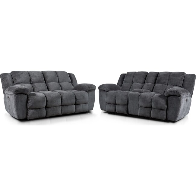 Living Room Furniture - Mellow Dual-Power Reclining Sofa and Loveseat Set - Gray