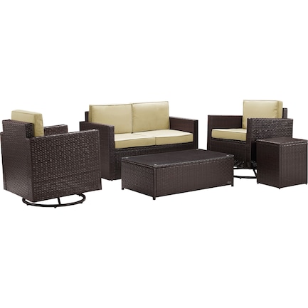 Aldo Outdoor Loveseat, Set of 2 Swivel Chairs, Coffee Table and End Table