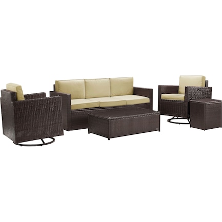 Aldo Outdoor Sofa, Set of 2 Swivel Chairs, Coffee Table and End Table