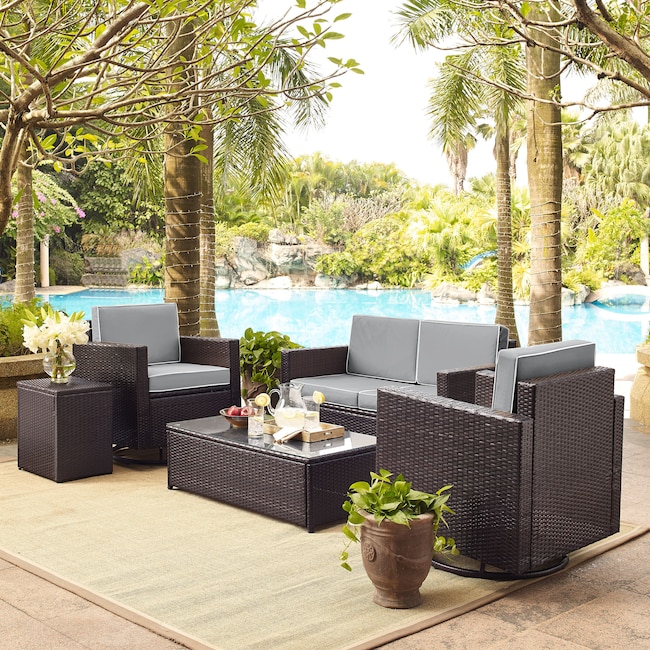 Outdoor Furniture - Aldo Outdoor Loveseat, 2 Swivel Chairs, Coffee Table, and End Table Set