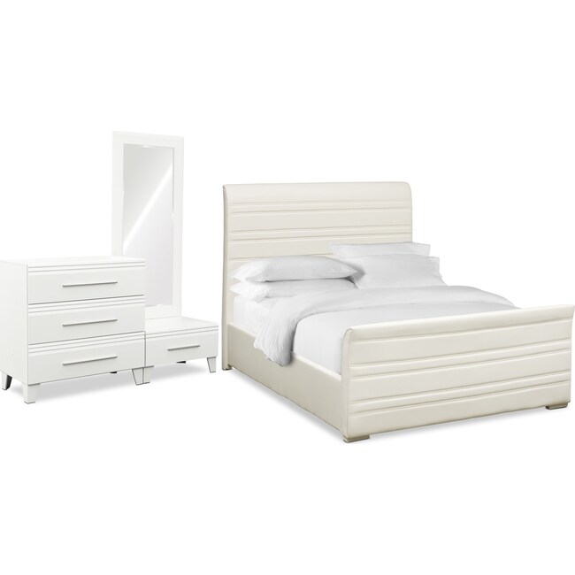 Bedroom Furniture - Allori 5-Piece Upholstered Bedroom Set with Chest and Dressing Mirror