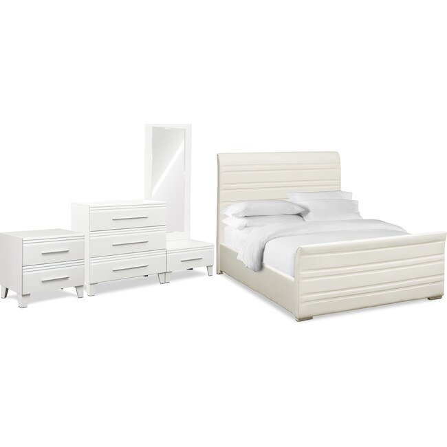 Bedroom Furniture - Allori 6-Piece Upholstered Bedroom Set with Nightstand, Chest and Dressing Mirror