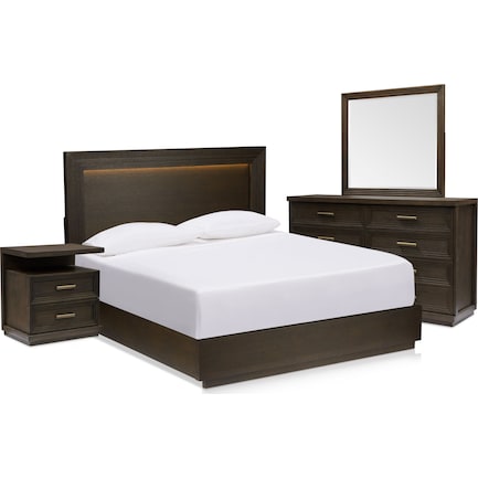 Arielle 6-Piece King Bedroom Set with Panel Bed, Charging Nightstand, Dresser and Mirror - Tabacco