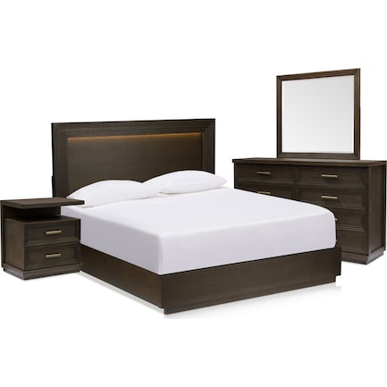 Arielle 6-Piece Queen Bedroom Set with Panel Bed, Charging Nightstand, Dresser and Mirror - Tabacco