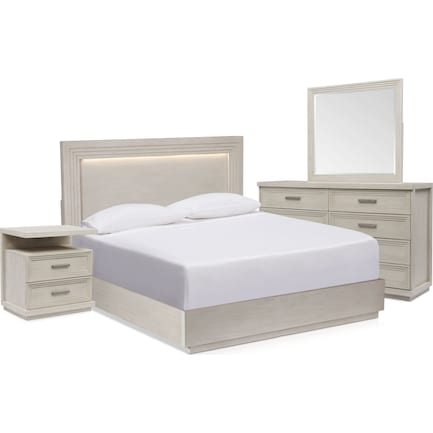 Arielle 6-Piece Queen Bedroom Set with Panel Bed, Charging Nightstand, Dresser and Mirror - Parchmen